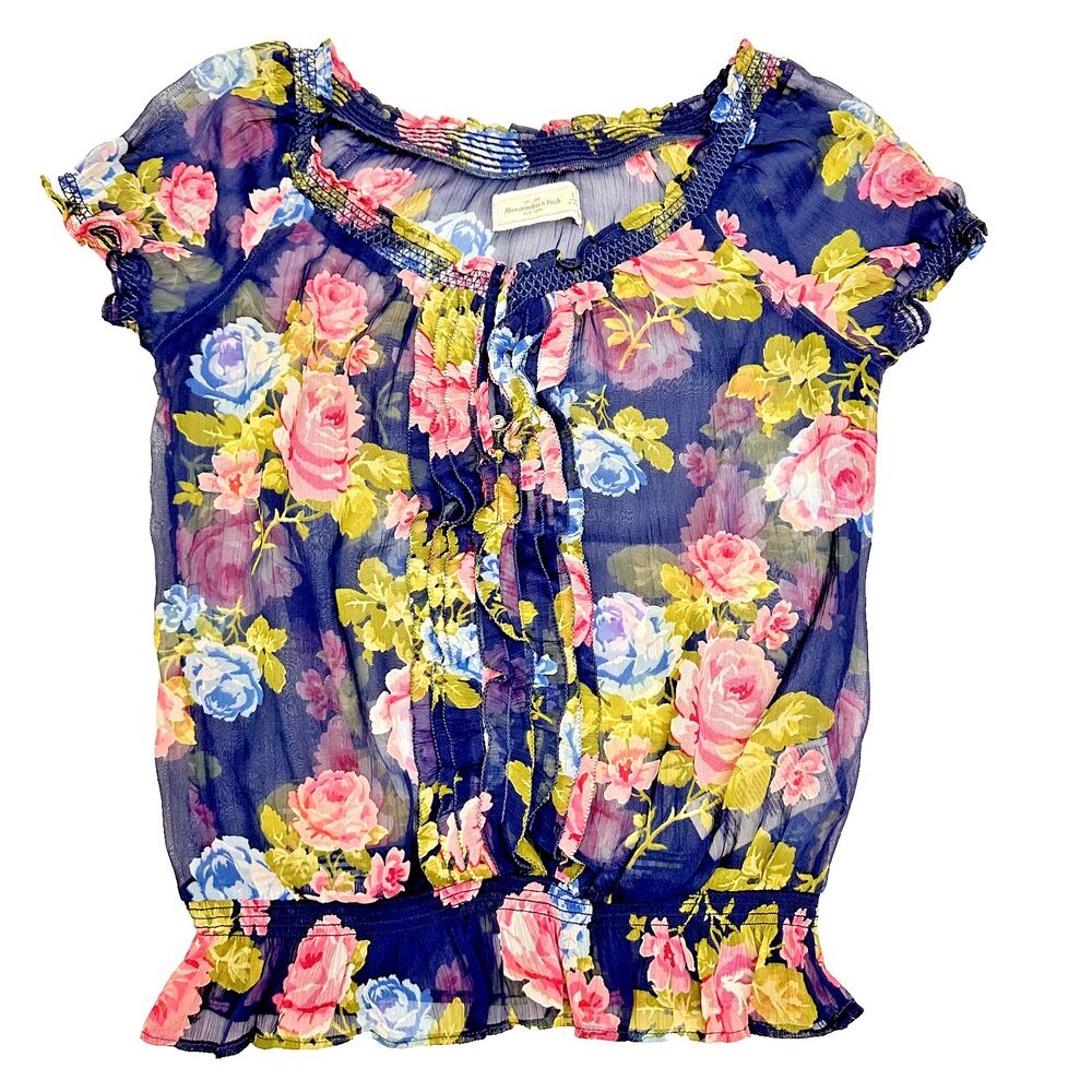 Abercrombie &Fitch Womens Floral Cottage Core Ruffled Peasant Top Blouse SZ L